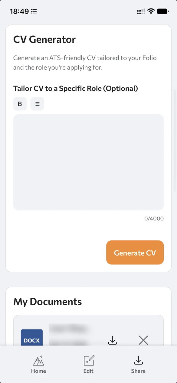 The CV Generator in Folio: paste in a job description and generate an ATS-friendly CV