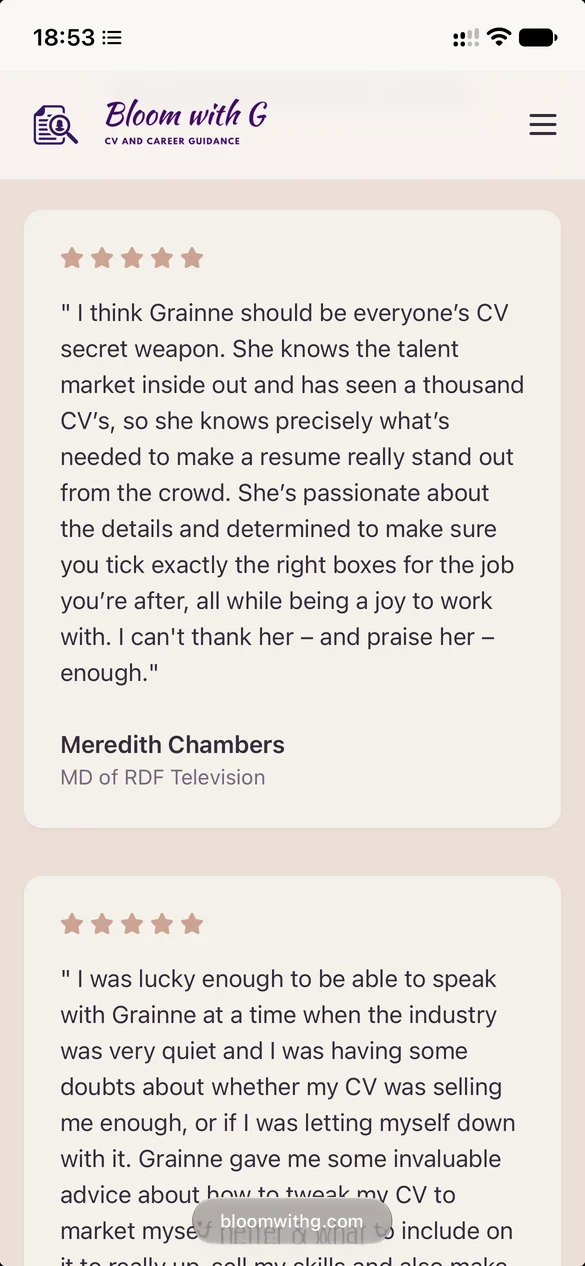 A five-star review praising one-to-one CV support