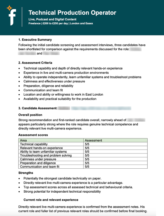 First page of a sample Compass shortlist report for a Technical Production Operator role, with assessment criteria and candidate scores